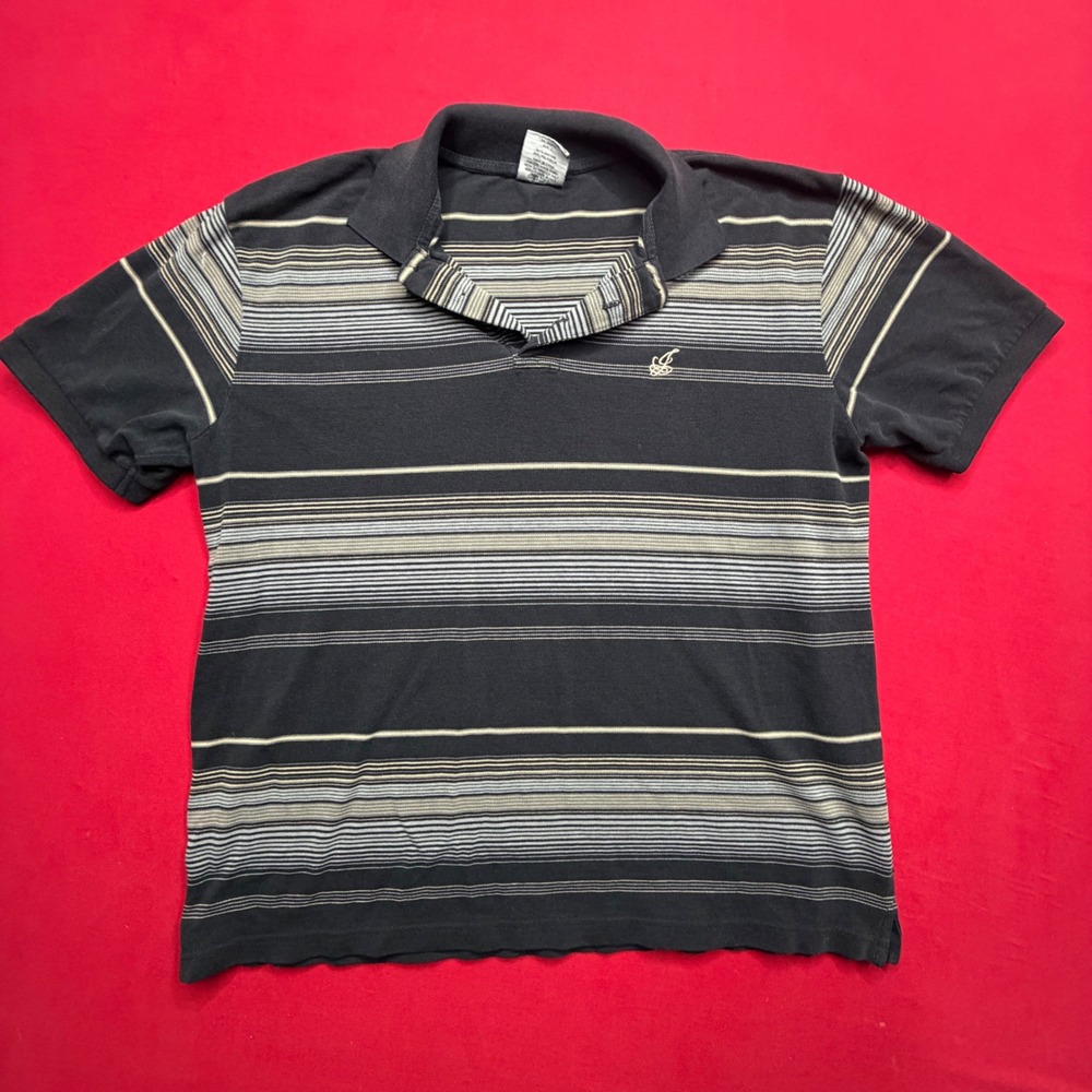 Vintage Y2K Joker Brand Striped Polo Shirt Mens Large Black Grey Streetwear VTG